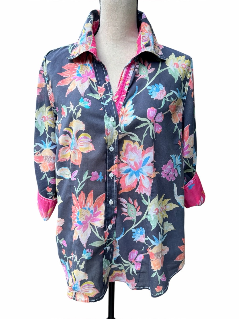 Cino Cotton Crinkle Voile Floral Button Down Blouse Size Large